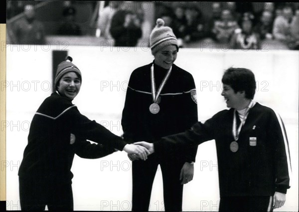 Feb. 02, 1964 - Olympic Games at Innsbruck. Women's Slalom. Gold and Silver for France. Pictured here are gold medal winner Christine Goitschel, silver medalists Marielle Goitschel(who happens to be her sister) and bronze medalist American Jean Saubert.