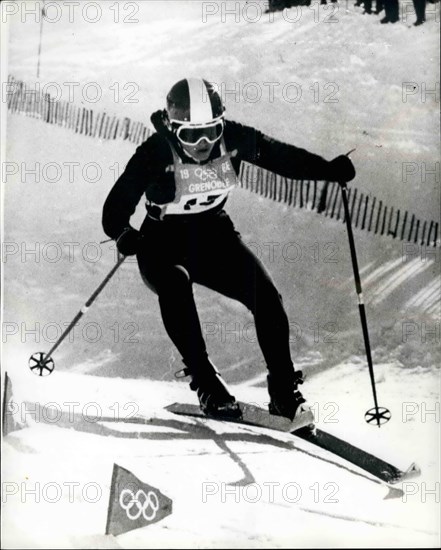 Feb. 02, 1968 - Winter Olympics - Australia win the Gold and Bronze in Women's downhill ski race: Olga Pall, a 20-year-old Austrian girl, scored a decisive victory and win a gold medal in the Women's Downhill Ski race at Chamrousse today. Isabelle Mir, of France was second and Christihass, Austria's defending Olympic champion took third place. Photo shows Austria's Olga Pall in action as she wins the Women's Downhill race at Chamrousse today.