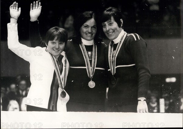 Feb. 12, 1968 - Here are the three Winter Olympic Skiing Champions after the award ceremony (pictured from left to right): Isabelle Mir (France), Silver Medal; Olga Pall (Austria), Gold Medal; and Christl Haas (Austria), Bronze Medal.