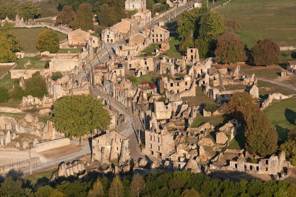 AERIAL VIEW. Martyr village. Village destroyed in WW2 by German Troops. Oradour-sur-Glane, Haute-Vienne, Limousin, Nouvelle-Aquitaine, France.