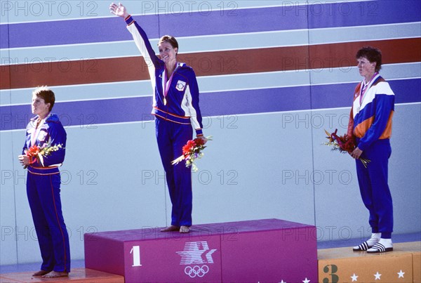 California - Los Angeles - 1984 Summer Olympic Games. Women's swimming.  Mary Wayte, gold medal, Cynthia (Sippy) Woodhead, silve