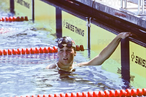 California - Los Angeles - 1984 Summer Olympic Games. USA women's swimming.Carrie Steinseifer, 100m freestyle, winner