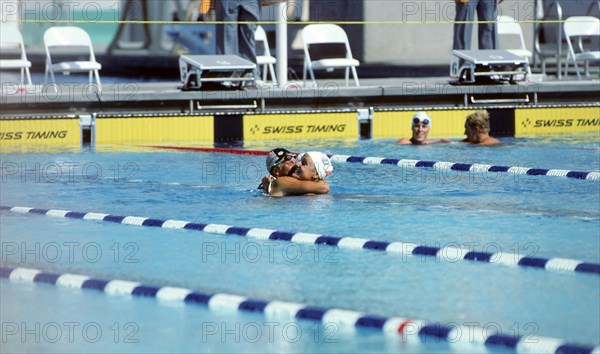 California - Los Angeles - 1984 Summer Olympic Games. USA women's swimming. Carrie Steinseifer, Nancy Hogshead, 100m freestyle