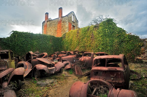 automobile remains, Oradour-sur-Glane, Haute-Vienne Department, Limousin, France