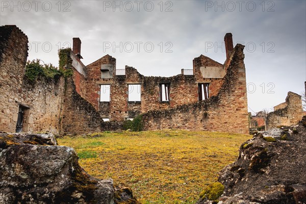 ORADOUR SUR GLANE, FRANCE - December 03, 2017 : ruined house destroyed by fire following the massacre of the entire population by the German army on J