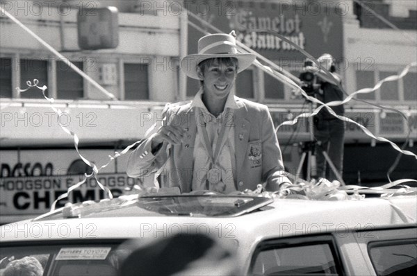 TOOWOOMBA, AUSTRALIA: 1984: Olympian Glynis Leanne Nunn faces the TV cameras in her home town in 1984 at Toowoomba, Australia. She had won a gold medal in the heptathlon competition at the olympic games.