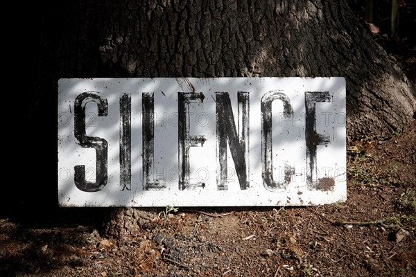 A Silence sign at the Oradour-Sur-Glane massacre memorial site in the Haute-Vienne region of France