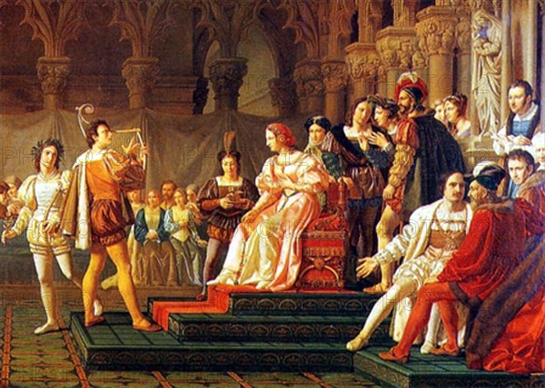 . Clémence Isaure distribuant des fleurs aux troubadourds par Félix SAURINES // Le musée du Vieux-Toulouse . between 1730 and 1830. Félix SAURINES Clemence isaure et le Jeux Floraux