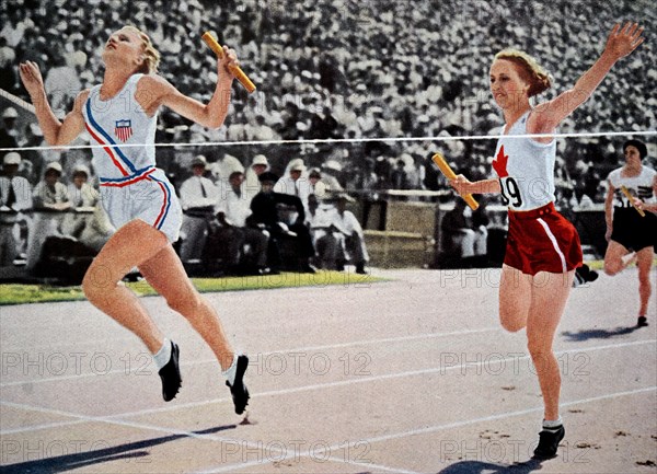 The women's 4 x 100 metres relay event at the 1932 Olympic games.  Gold went to the USA's Mary Carew, Evelyn Furtsch, Annette Rogers & Billie von Bremen. Silver to Canada's Mildred Fizzell, Lillian Palmer, Mary Frizzell & Hilda Strike. Bronze to Great Britain's Eileen Hiscock, Gwen Porter, Violet Webb & Nellie Halstead.