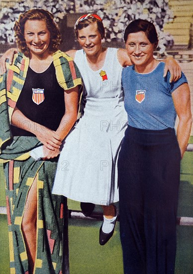 Photograph (from left to right) of Helene Emma Madison (1913 - 1970) from the USA with Willemijntje den Ouden (1918 - 1997) from the Netherlands and Eleanor Saville (1909 - 1998) during the 1932 Olympic games. These women competed in the 100 meter freestyle, Helene took gold, Willy took silver and Eleanor bronze.