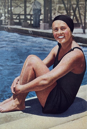 Photograph of "Miss Olympia" Ingeborg Sjoquist (1912 - 2015) who was a Swedish swimmer at the 1932 Olympic games. She turned 100 in April 2012 and was the world's oldest living Olympian from the death of Guo Jie.