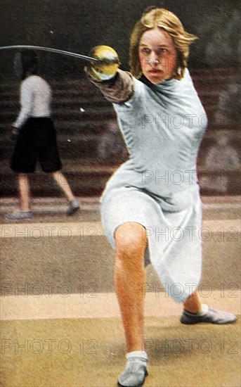 Photograph of Helene Mayer (1910 - 1953) at the 1932 Olympic games. Even though Mayer was part Jewish she completed in the 1936 Olympics for Nazi Germany.