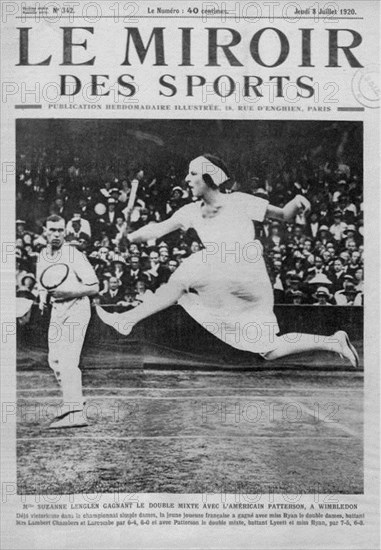 Simple English: Front cover of Le Miroir des sports, first issue [n° 342], July 8th, 1920, with Suzanne Lenglen and Gerald Patterson after their title in the mixed doubles tournament of the Wimbledon Championships. Patterson is erroneously described as American instead of Australian in the captions of the cover. 8 July 1920 11 Le Miroir des sports 08071920