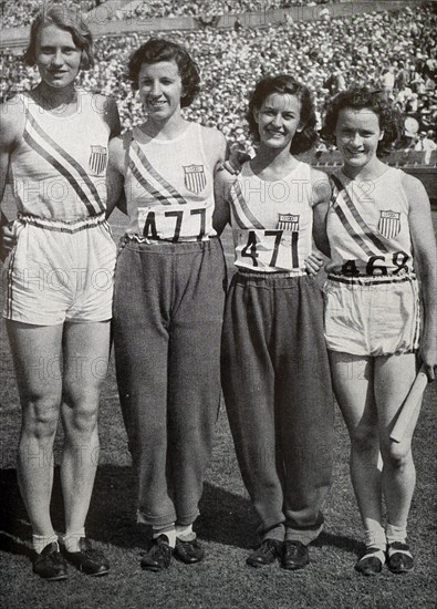 Photograph of the US women's relay team in the 1932 Olympic games. (Left to right) Wilhelmina von Bremen (1909 - 1976) , Annette Rogers (1913 - 2006), Evelyn Furtsch (1914 - 2015) and Mary Carew (1913 - 2002).