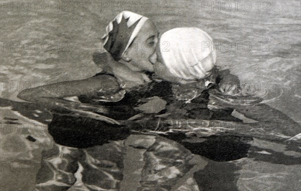 Photograph of Helene Emma Madison (1913 - 1970) who won gold for the USA in the 400 freestyle swimming and Lenore M. Knight (1911 - 2000) who took silver at the 1932 Olympic games.