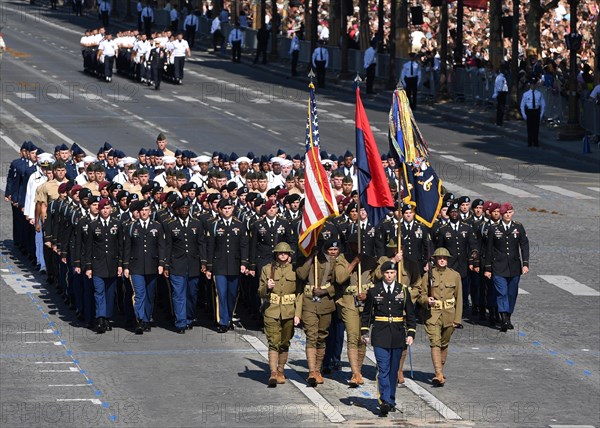 U.S. soldiers, sailors, marines and airmen assigned to units in Europe march down the Champs Élysées during the annual Bastille Day military parade July 14, 2017 in Paris, France. U.S. President Donald Trump was the guest of honor of French President Emmanuel Macron for the event marking the 100th anniversary of the U.S. entry into World War I.