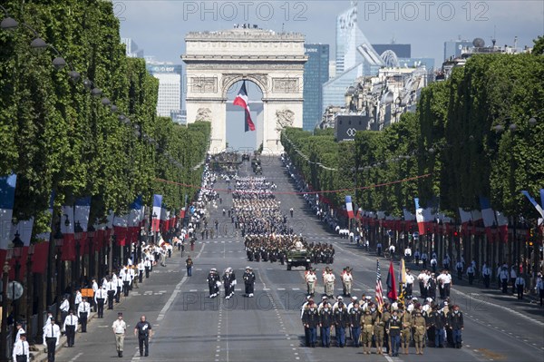 U.S. soldiers, sailors, marines and airmen assigned to units in Europe march down the Champs Élysées during the annual Bastille Day military parade July 14, 2017 in Paris, France. U.S. President Donald Trump was the guest of honor of French President Emmanuel Macron for the event marking the 100th anniversary of the U.S. entry into World War I.