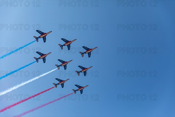 Patrouille de France (French Acrobatic Patrol) with blue white and red smoke