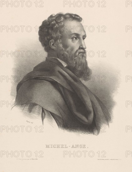 Portrait of Michelangelo, Michel-Ange (title on object), print maker: Jean Adolphe Papin, printer: Alexandre Louis Artus, publisher: Décrouan, Paris, 1837 - 1857, paper, height 541 mm × width 362 mm, print