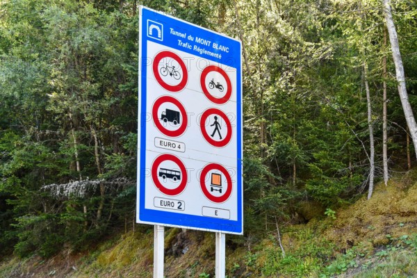 Road sign indicating the traffic regulation of the Mont Blanc Tunnel, Chamonix, Haute Savoie, France