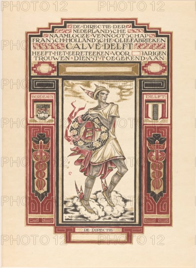 Design for: diploma for loyal service at Calvé-Delft, Richard Nicolaüs Roland Holst, 1924 print. certificate Hermes, recognizable by his winged sandals and petasus (hat), which holds a flower wreath. To the whole a frame with a so -called Caduceus on the left and right, a two -hoses, and the city weapons of Delft and Bordeaux. At the top of the text 'The management of the Dutch public limited company Fransch-Hollandsche Oil factories Calvé-Delft has awarded the honor sign for [...] Jarent Getting married service to [...]'.  paper  (story of) Mercury (Hermes). garland, wreath