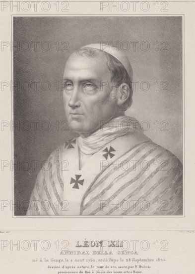 Portrait of Pope Leo XII, Léon XII, Annibal della Genga (title on object), print maker: Henri Joseph Hesse, after drawing by: François Dubois, printer: Gottfried Engelmann, after drawing by: Rome, printer: Paris, 1823, paper, height 535 mm × width 358 mm, print