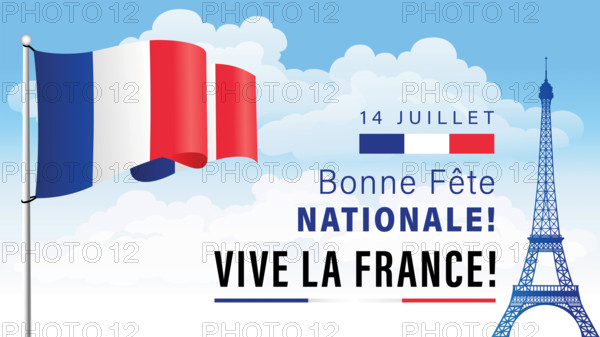 14 Juillet, Bonne Fete Nationale - Vive la France holiday poster. Translation - July 14, Happy National Day - Long Live France. Vector banner