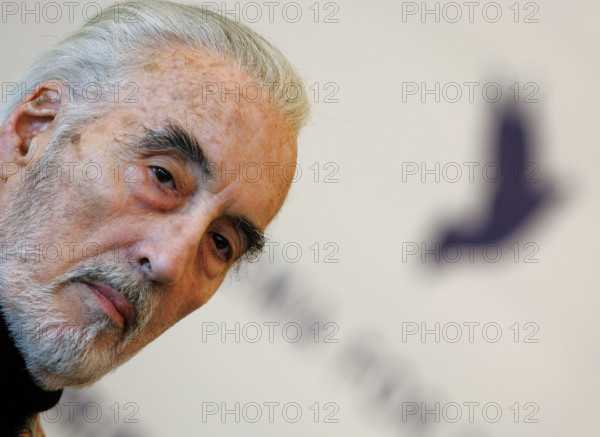 The US American actor Christopher Lee is pictured during a press conference on the charity gala 'Cinema for Peace' at the 56th International Berlinale Film Festival in Berlin, Sunday 12 February 2006. The benefits generated from the event taking place on 13 February 2006 will be donated to UNICEF. Photo: Jan Woitas