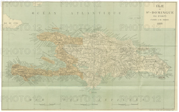 This 1825 illustration offers a view of the island of Saint-Domingue (now Haiti), depicting its landscapes, colonial settlements, and the geography of the Caribbean during the early 19th century.
