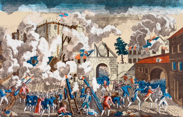 The Storming of the Bastille, Paris, France, 14 July 1789, portrayed here as being stormed by the military. After a contemporary work.