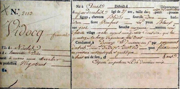 . English: Document concerning the sentence of Eugène François Vidocq because of forgery to eight years of hard labor in the Bagno of Brest, 27th December 1796 Deutsch: Dokument zur Verurteilung von Eugène François Vidocq wegen Dokumentenfälschung zu 8 Jahren Schwerstarbeit im Bagno zu Brest, 27. Dezember 1796 . 27 December 1796. unknown, but probably a court clerk or prison official; scan by Defosse Philippe (author of the website http://fvidocq.free.fr) DIV CondamnationBagne