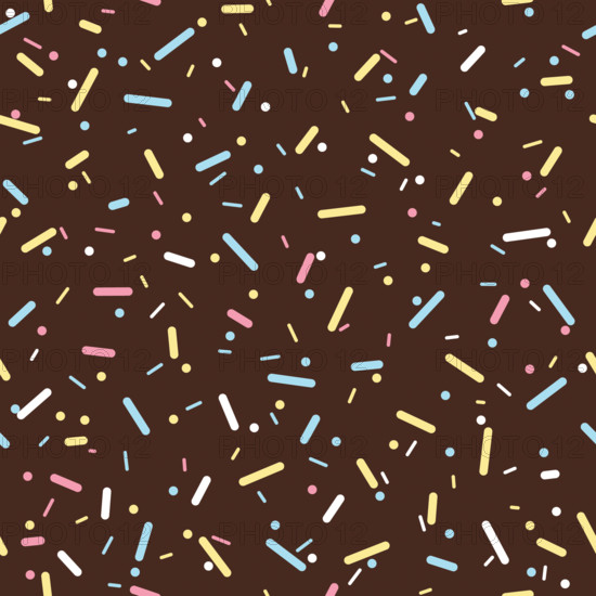 Donut chocolate glaze seamless pattern. Cream texture with topping of colorful sprinkles and beads on brown background. Food bakery decoration. Vector