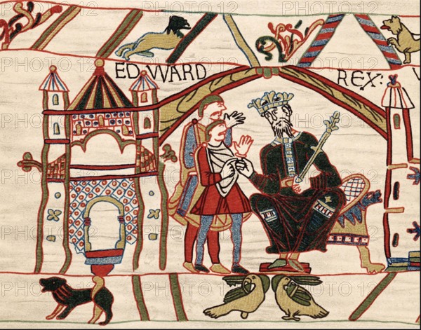 EDWARD THE CONFESSOR (c 1003-1066) Anglo-`Saxon King of England as shown at the beginning of the Bayeux Tapestry in a 19th century reproduction.