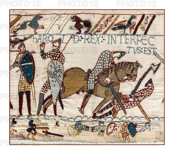 BAYEUX TAPESTRY DEATH Harold Rex Interfectus Est: "King Harold was killed". Scene from the Bayeux Tapestry depicting the Battle of Hastings and the death of King Harold, image of Bayeux tapestry scene 87. 14th October 1066 Battle near Hastings, East Sussex, England Decisive Norman victory.The Battle of Hastings was fought on 14 October 1066 between the Norman-French army of William, the Duke of Normandy, and an English army under the Anglo-Saxon King Harold Godwinson, beginning the Norman conquest of England. It took place approximately 7 miles (11 kilometres) northwest of Hastings.