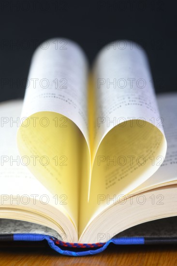 vertical heart shaped book pages showing spine ,selective focus on a black background concept of the love of reading