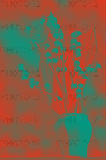 Abstract pop art flower in spring red and red turquoise trendy tinted colors. Lily of the valley. Toned feshenny floral background in red blue tones.
