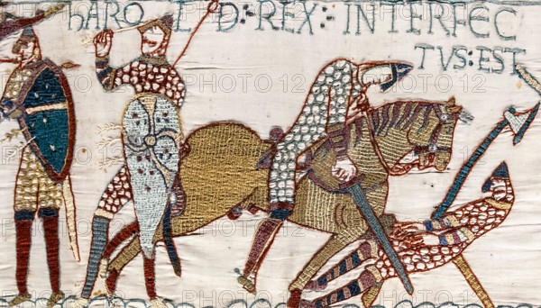 The death of King Harold at the Battle of Hastings, a scene from the Bayeux Tapestry