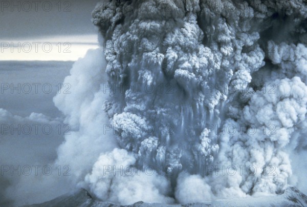 For more than nine hours a vigorous plume of ash erupted, eventually reaching 12 to 15 miles (20-25 kilometers) above sea level. The plume moved eastward at an average speed of 60 miles per hour (95 kilometers/hour), with ash reaching Idaho by noon. By early May 19, the devastating eruption was over. Shown here is a close-up view of the May 18 ash plume. May 18, 1980.