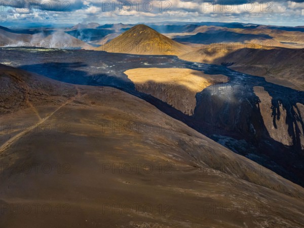 Air photo of lava flows from Fagradalsfjall crater, Volcanic eruption at Geldingadalir, Iceland