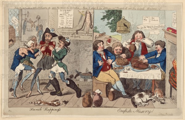 French happiness - English misery IC.. British Cartoon Prints Collection . France,History,Revolution, 1789-1799. , Sansculottes,1790-1800. , Starvation,France,1790-1800. , Gluttony,1790-1800. , Eating & drinking,England,1790-1800.