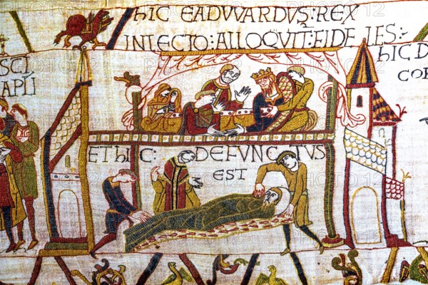 Bayeux tapestry, Bayeux, Normandy, France. Created 11th century after Battle of Hastings 1066 AD showing Norman Conquest. Death of English King Edward