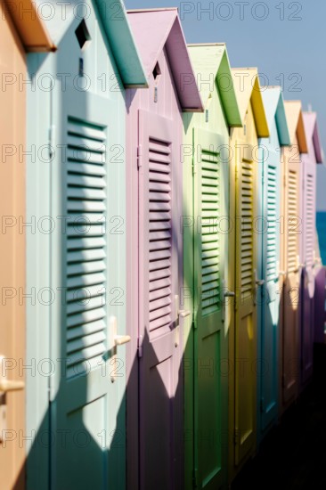 Group of colorful beach cabins in Italy.