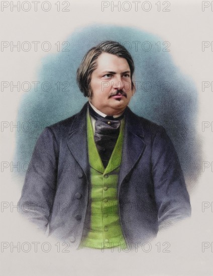 Lithography portrait of Honoré de Balzac. Represented at half-length, dressed in a full jacket.