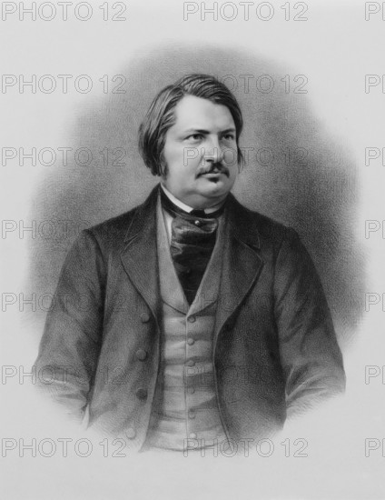 Lithography portrait of Honoré de Balzac. Represented at half-length, dressed in a full jacket.