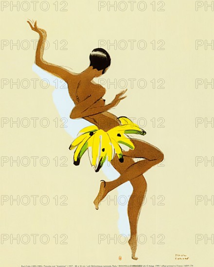 "La Revue Nègre" ["The Black Review"] Vintage French Advertising. A stylized illustration of a dancer with minimal features, predominantly in brown tones with yellow accents against a beige background. Early 20th-century French poster style with strong lines and flat areas of color.