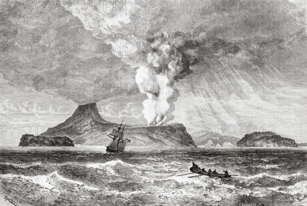 Perboewatan volcano eruption in 1883, Krakatoa island. Indonesia. Drawing by Theodor Weber (1838-1907) Krakatau and the Sunda Strait 1884 by French journalist Edmond Cotteau (1833 - 1896) Le Tour du Monde 1886