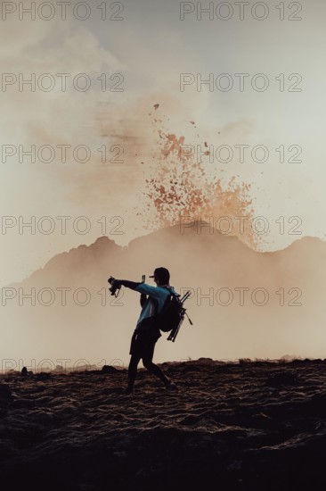 An epic side shot of a guy in a blue jacket, with hiking equipment and a backpack, trekking poles, a tripod, and a camera takes a shot in an active sp