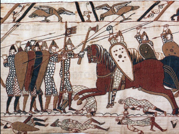 BATTLE OF HASTINGS 14 October 1066. Part of Scene 52 of the Bayeux Tapestry showing Norman cavalry attacking the Anglo-Saxon infantry