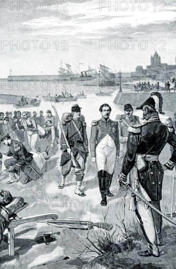 ARREST OF LOUIS NAPOLEON AT BOULOGNE.—The early 1900s caption reads: “Louis Napoleon, nephew of the great Napoleon and afterward Emperor himself as Napoleon III., made several attempts to master France before he at last succeeded. In 1840 he led an expedition from England and landed at Boulogne. His purpose failed; he fled and was almost drowned, being finally rescued and made prisoner in most unheroic fashion. He accepted his captivity, however, with a quiet dignity which did much to aid him in the minds of Frenchmen.”