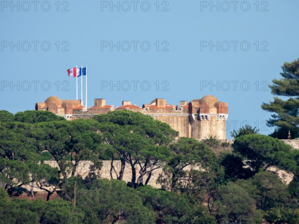 Saint-Tropez citadel Castle at the top of a hill with pines, in France, Europe, Provence, French Riviera.
